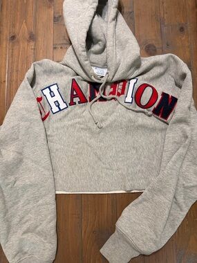 Champion Heather Gray Cropped Hoodie with Red & Navy Lettering